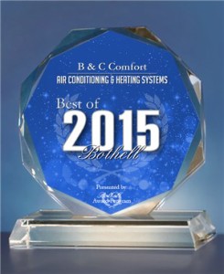 Small business award from Bothel Award Program -- HVAC excellence in home comfort service