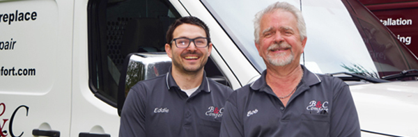 Bob and Eddie of B&C Comfort at gas fireplace repair service call